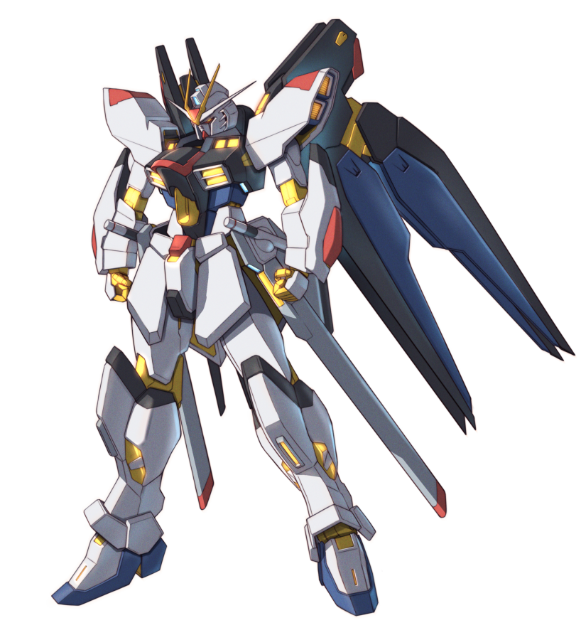 gundam gundam_seed gundam_seed_destiny looking_down mecha mecha_focus mechanical_wings mobile_suit no_humans orange_eyes robot science_fiction solo standing strike_freedom_gundam takahashi_masaki transparent_background v-fin wings