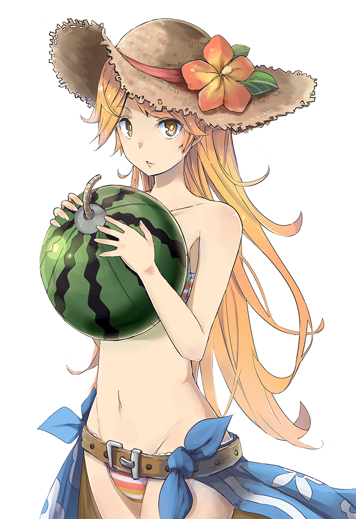 10s 1girl am bad_id bad_pixiv_id belt bikini bomb breasts brown_eyes collarbone explosive female_focus flower food fruit granblue_fantasy hat hat_flower holding holding_food holding_fruit holding_watermelon long_hair looking_at_viewer mary_(granblue_fantasy) navel off_shoulder orange_hair parted_lips sarong small_breasts solo straw_hat striped_bikini striped_clothes swimsuit watermelon