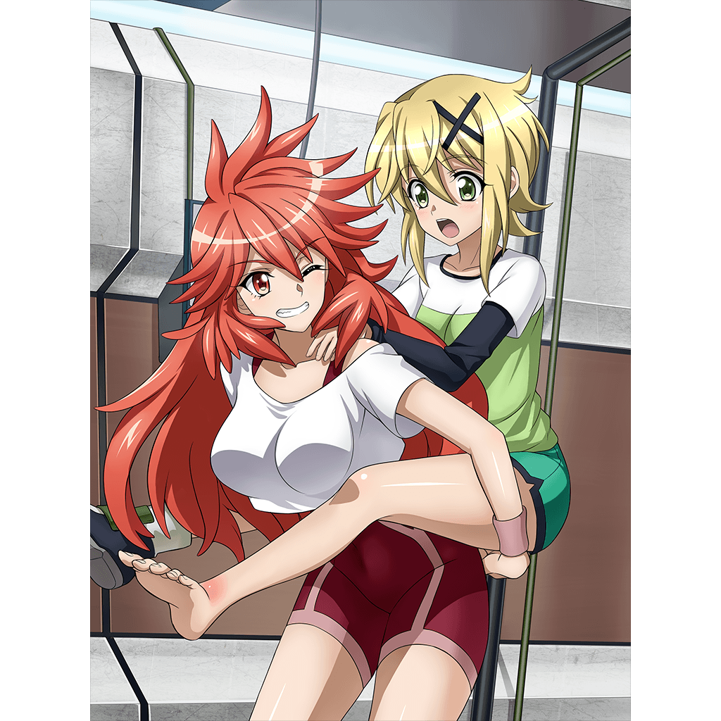 2girls akatsuki_kirika amou_kanade artist_request barefoot blonde_hair blush breasts carrying collarbone covered_navel feet green_eyes green_shorts grin gym_uniform hair_ornament hurt indoors large_breasts long_hair looking_at_another multiple_girls official_art one_eye_closed open_mouth orange_eyes piggyback red_hair senki_zesshou_symphogear short_hair shorts smile x_hair_ornament