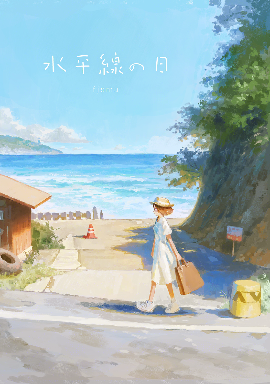 1girl bag beach blue_sky brown_hair cloud day dress fjsmu handbag hat highres ocean original outdoors scenery short_hair sky solo summer sun_hat traffic_cone walking white_dress white_footwear