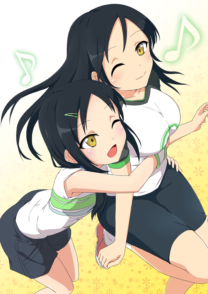 10s 2girls ;) ;d aoki_kei aoki_mei bike_shorts black_hair breasts brown_eyes gym_uniform hair_ornament hairclip hug hug_from_behind idolmaster idolmaster_cinderella_girls long_hair multiple_girls aoki_mei one_eye_closed open_mouth passingpleasures ponytail aoki_kei shorts smile trainer_(idolmaster) aoki_sei wink wristband