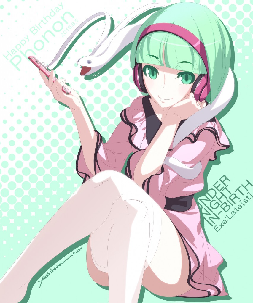 bob_cut dress eyebrows_hidden_by_hair green_eyes green_hair headphones looking_at_viewer official_art phone phonon_(under_night_in-birth) pink_dress pink_headphones pink_phone smile snake socks thighhighs under_night_in-birth white_socks zettai_ryouiki