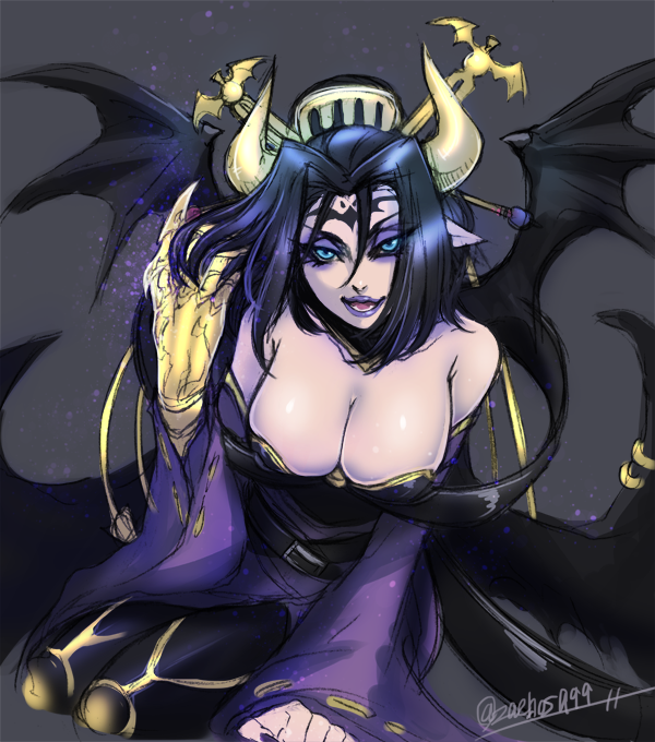 1girl artist_name bandai bare_shoulders bat_(symbol) blue_eyes breasts claws demon demon_girl digimon female_focus horns large_breasts lilithmon looking_at_viewer nail_polish seven_great_demon_lords smile solo demon_girl wings