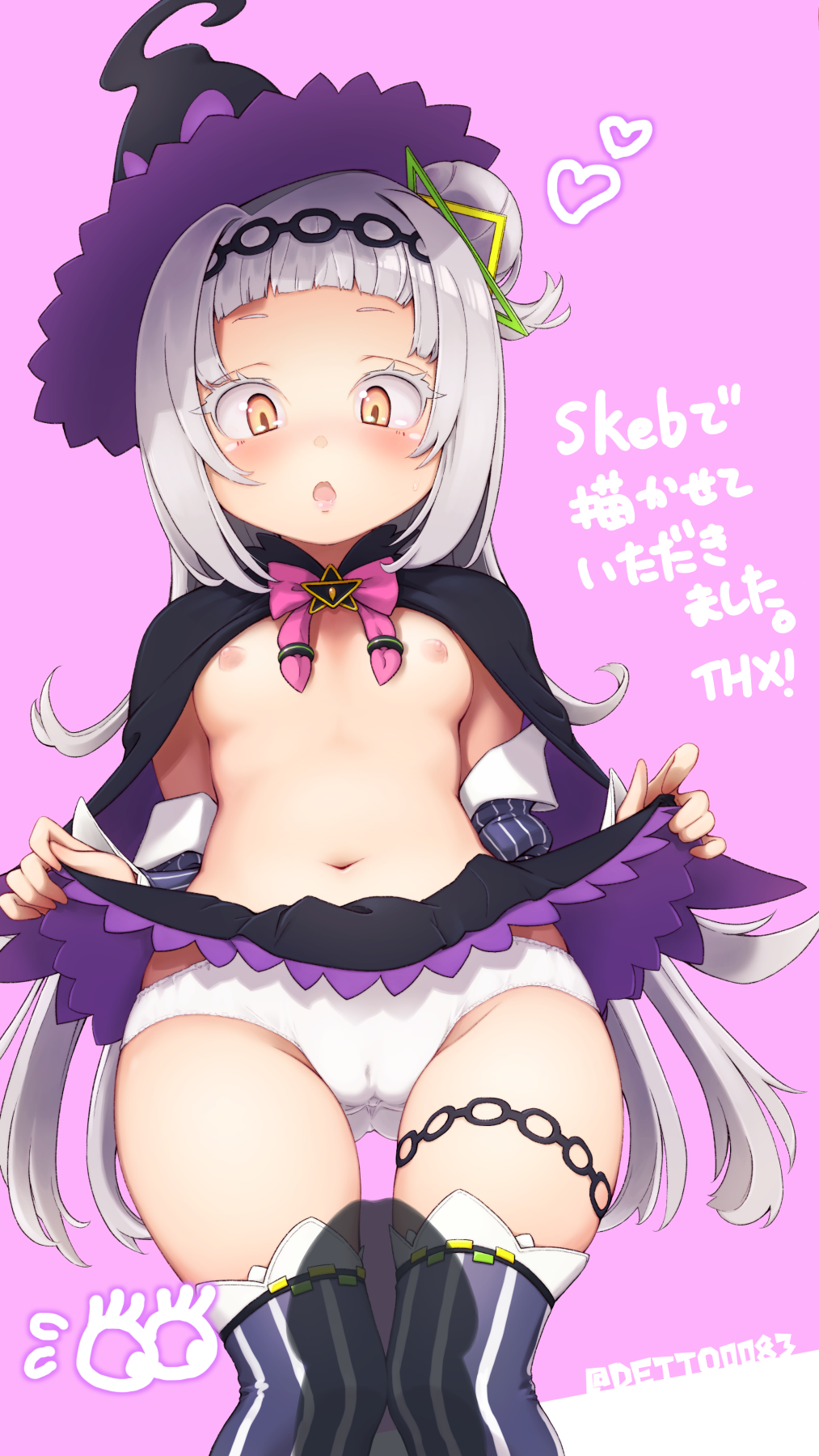 1girl black_hat blunt_bangs breasts cameltoe cape clothes_lift colored_eyelashes deto hair_bun hat heart highres hololive lifting_own_clothes long_hair murasaki_shion murasaki_shion_(1st_costume) navel nipples open_mouth orange_eyes panties side_bun silver_hair single_side_bun skirt skirt_lift small_breasts solo striped_clothes striped_thighhighs thigh_strap thighhighs thighs underwear vertical-striped_clothes vertical-striped_thighhighs very_long_hair virtual_youtuber white_panties