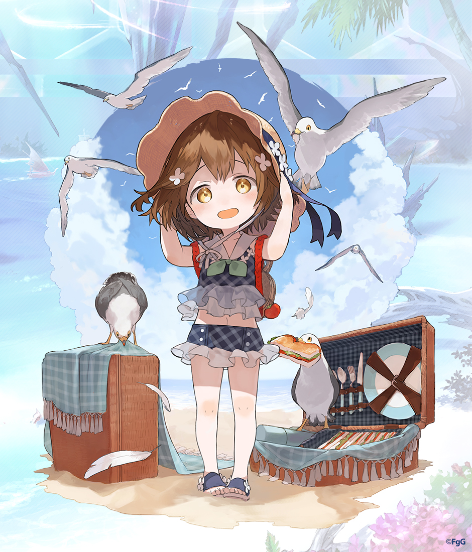 1girl aged_down arms_up beach bird blue_sky brown_eyes brown_hair child commentary_request copyright_notice cutlery day feathers food full_body hands_on_headwear head_tilt longinus_(phantom_of_the_kill) official_alternate_costume official_art phantom_of_the_kill sandals sandwich seagull second-party_source sky solo standing straight-on watarubou white_feathers