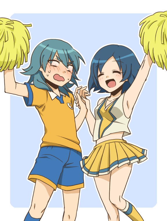 1boy 1girl blush cheerleader closed_eyes green_hair inazuma_eleven_(series) inazuma_eleven_go izumi_kikaku kariya_masaki pom_pom_(cheerleading) raimon raimon_soccer_uniform short_hair skirt soccer_uniform sorano_aoi sportswear