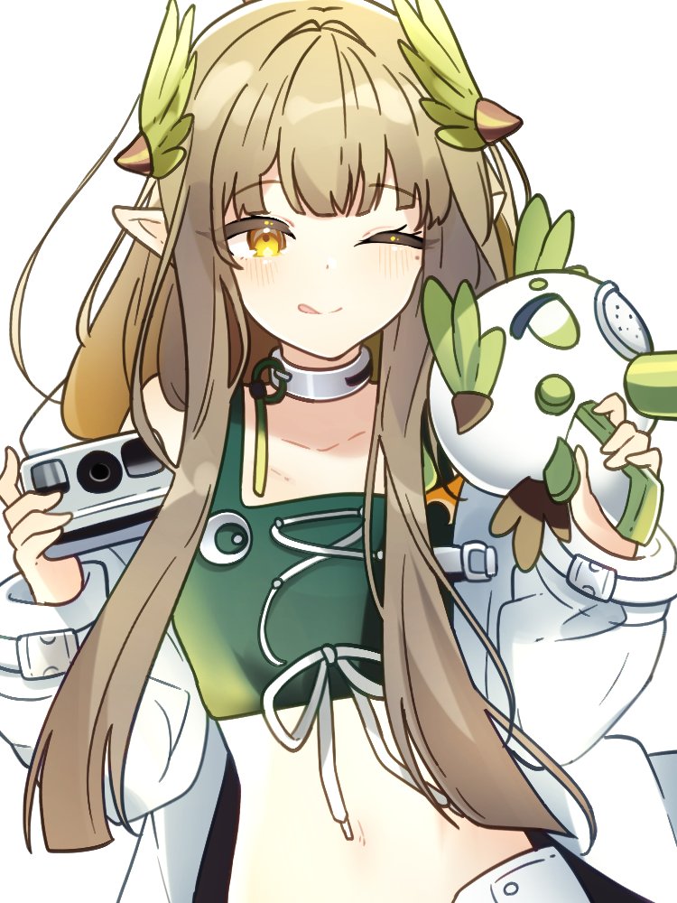 1girl ;q arknights aza_nonoka blush brown_hair camera camisole closed_mouth collar commentary crop_top elf green_camisole holding holding_camera long_hair long_sleeves looking_at_viewer midriff mole mole_under_eye muelsyse_(arknights) navel one_eye_closed pointy_ears sidelocks simple_background smile solo tongue tongue_out upper_body white_background white_collar yellow_eyes