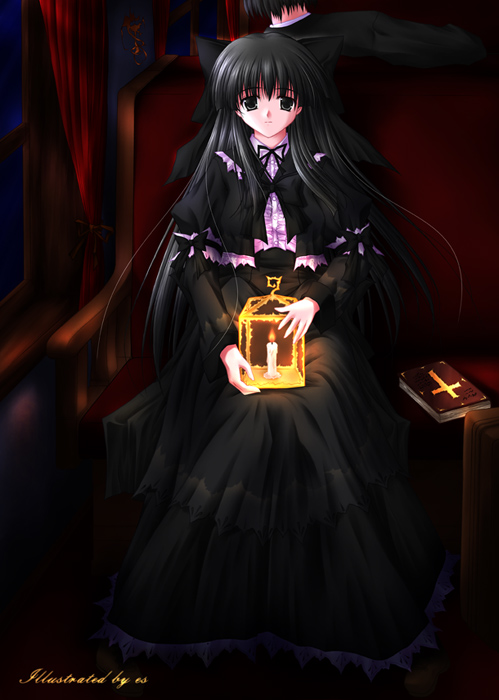 1girl black_eyes black_hair book candle cross curtains dress es_(glasscastle) female_focus long_hair original renn short_hair signature sitting solo