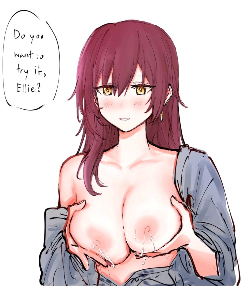 1girl blush breasts breasts_out commentary earrings eden_(honkai_impact) english_text honkai_(series) honkai_impact_3rd hsjejnx implied_yuri jewelry lactation large_breasts long_hair nipples parted_lips red_hair simple_background smile solo speech_bubble white_background yellow_eyes