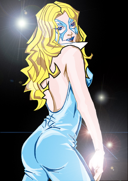 10s 1girl ass blonde_hair blue_eyes blue_lips bodysuit dazzler el_pino female_focus gradient_background lipstick long_hair makeup marvel mask solo x-men