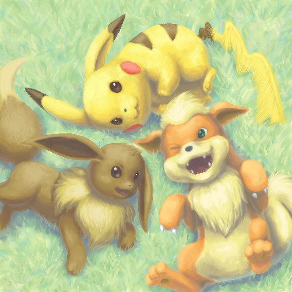 animal_ears animal_hands creatures_(company) daphnia eevee fangs game_freak gen_1_pokemon grass growlithe lying nintendo no_humans on_back on_side open_mouth pikachu pokemon pokemon_(creature) tail