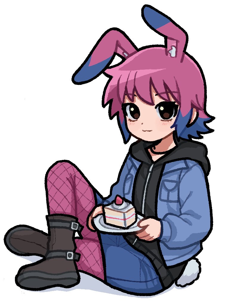 1girl :3 animal_ears black_footwear black_hoodie blue_hair blue_jacket boot_straps brown_eyes cake commentary english_commentary food full_body holding holding_plate hood hood_down hoodie jacket jacket_over_hoodie leggings long_sleeves looking_at_viewer multicolored_hair pink_hair pink_leggings plate rabbit_ears rabbit_girl rabbit_tail ramona_flowers re_adamator scott_pilgrim_(series) scott_pilgrim_takes_off shadow short_hair simple_background sitting solo tail two-tone_hair