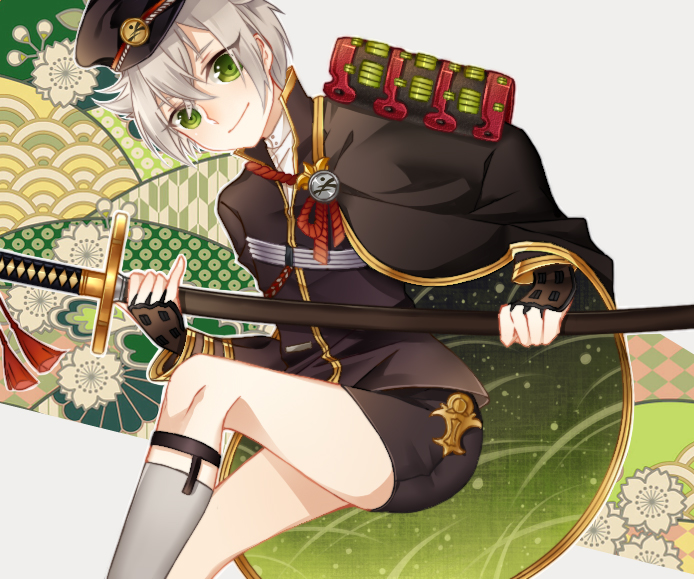 10s 1boy 1girl armor bad_id bad_pixiv_id cape green_eyes grey_socks hat hotarumaru japanese_armor kneehighs legwear_garter male_focus ootachi seigaiha shorts shoulder_armor silver_hair smile socks sode solo sword touken_ranbu weapon yagasuri zaro