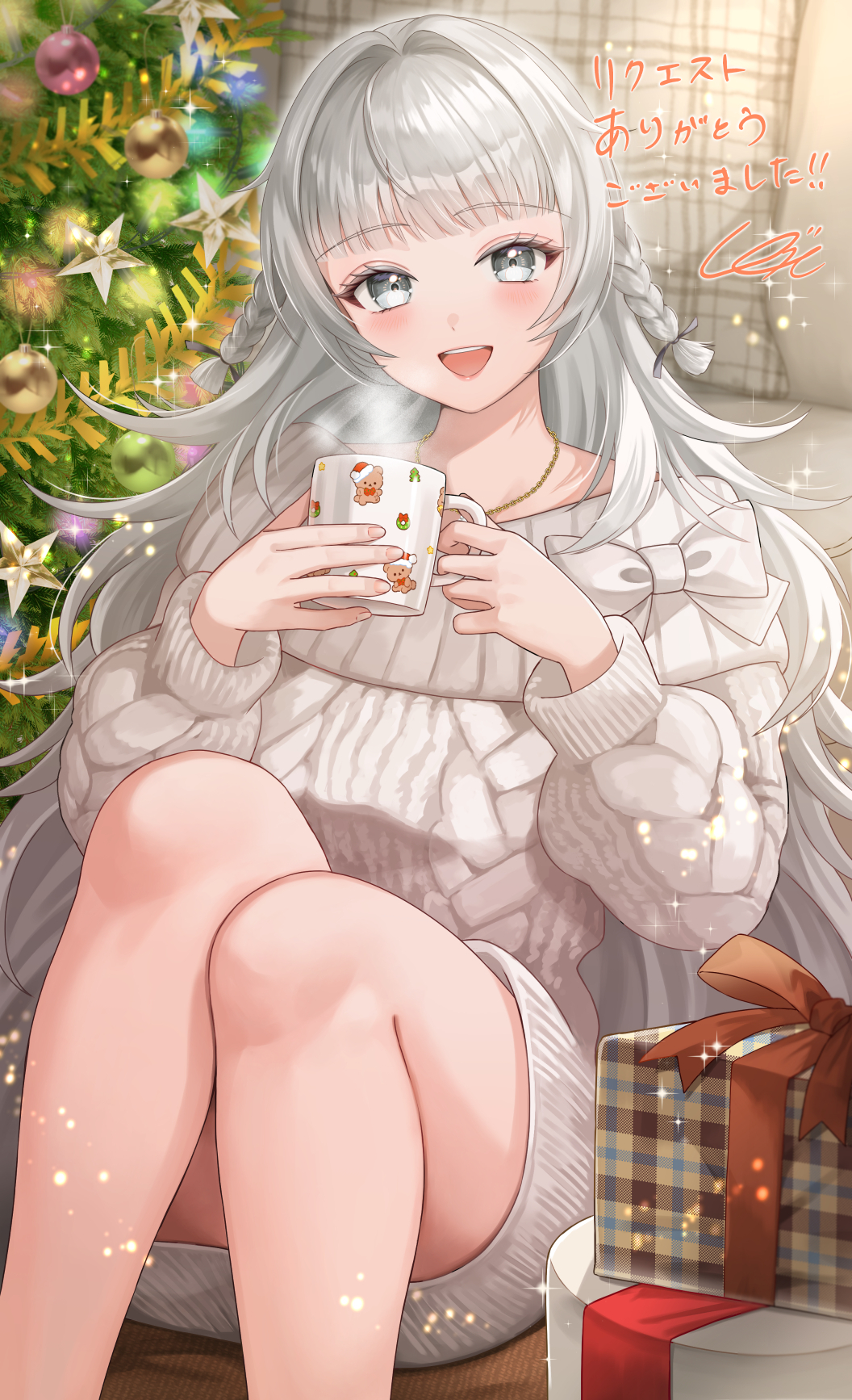 1girl alternate_costume aran_sweater azur_lane blush bow box braid breasts cable_knit christmas christmas_lights christmas_ornaments christmas_tree commentary_request commission cup curtains feet_out_of_frame garland_(decoration) gift gift_box gift_wrapping gold_necklace grey_bow grey_eyes grey_hair grey_sweater highres holding holding_cup indoors jewelry kemurikemu large_breasts long_hair long_sleeves looking_at_viewer mug necklace open_mouth red_bow side_braids sitting skeb_commission smile solo star_ornament sweater teeth thighs translation_request upper_teeth_only very_long_hair vittorio_veneto_(azur_lane)