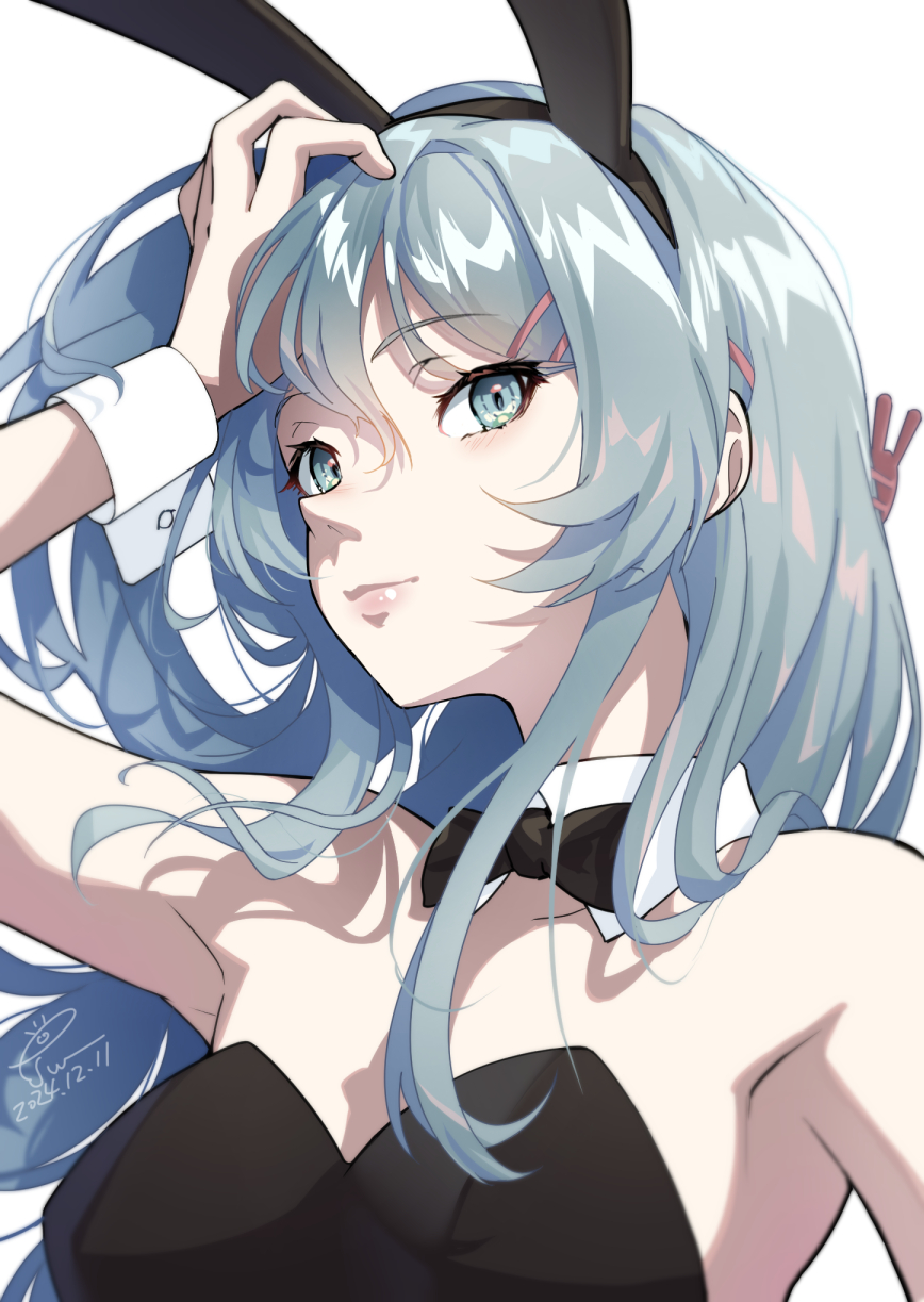 1girl animal_ear_hairband animal_ears aqua_eyes arm_up black_bow black_bowtie black_leotard blue_eyes blue_hair bow bowtie dated detached_collar esw_artca fake_animal_ears hair_ornament hairband hairclip highres leotard looking_afar playboy_bunny rabbit_ear_hairband rabbit_ears rabbit_hair_ornament sakurajima_mai seishun_buta_yarou signature solo wrist_cuffs