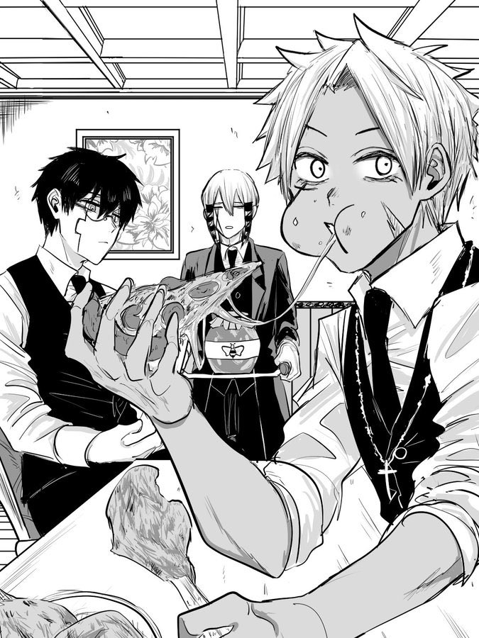 3boys butler chicken_(food) collared_shirt eating food formal_clothes honey indoors kaldo_gehenna long_sleeves mashle moi_moi753 monochrome multiple_boys necktie orter_madl pizza pizza_slice renatus_revol shirt short_hair sidelocks table tray vest