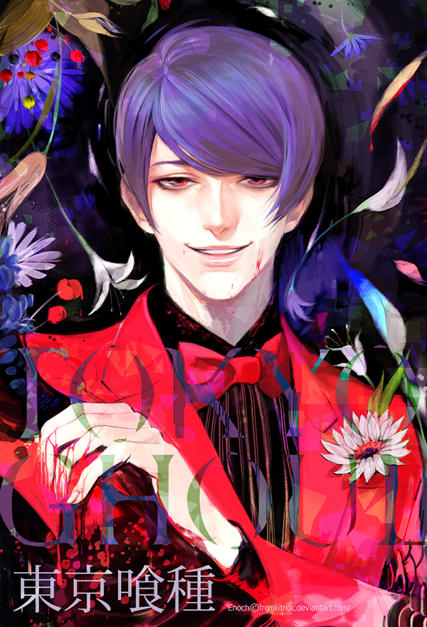 1boy artist_request blood blood_on_face bow bowtie copyright_name corsage floral_background formal_clothes looking_at_viewer male_focus official_style parody portrait purple_hair red_suit short_hair smile solo style_parody suit thick_eyebrows tokyo_ghoul tsukiyama_shuu tsurime upper_body