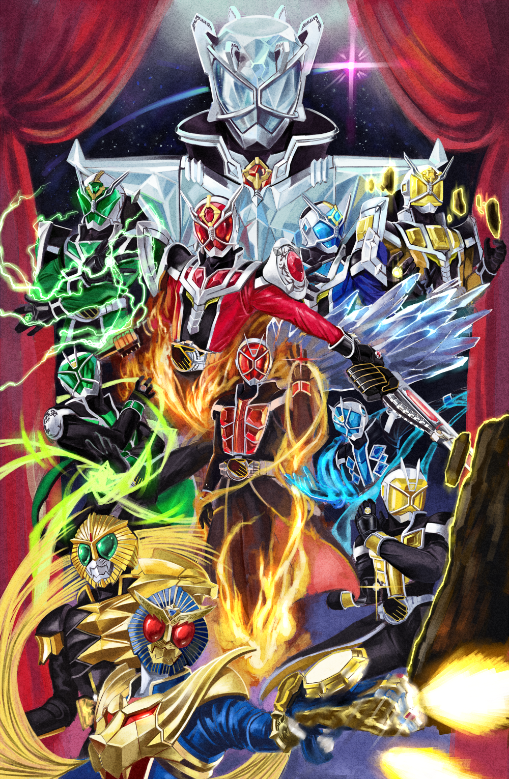 6+boys armor bad_id bad_pixiv_id belt computer electricity fire fire gun highres ice jewelry k_tsukumo kamen_rider kamen_rider_beast kamen_rider_wizard kamen_rider_wizard_(series) male_focus mask multiple_boys ring rock weapon yanagi_ryuuta