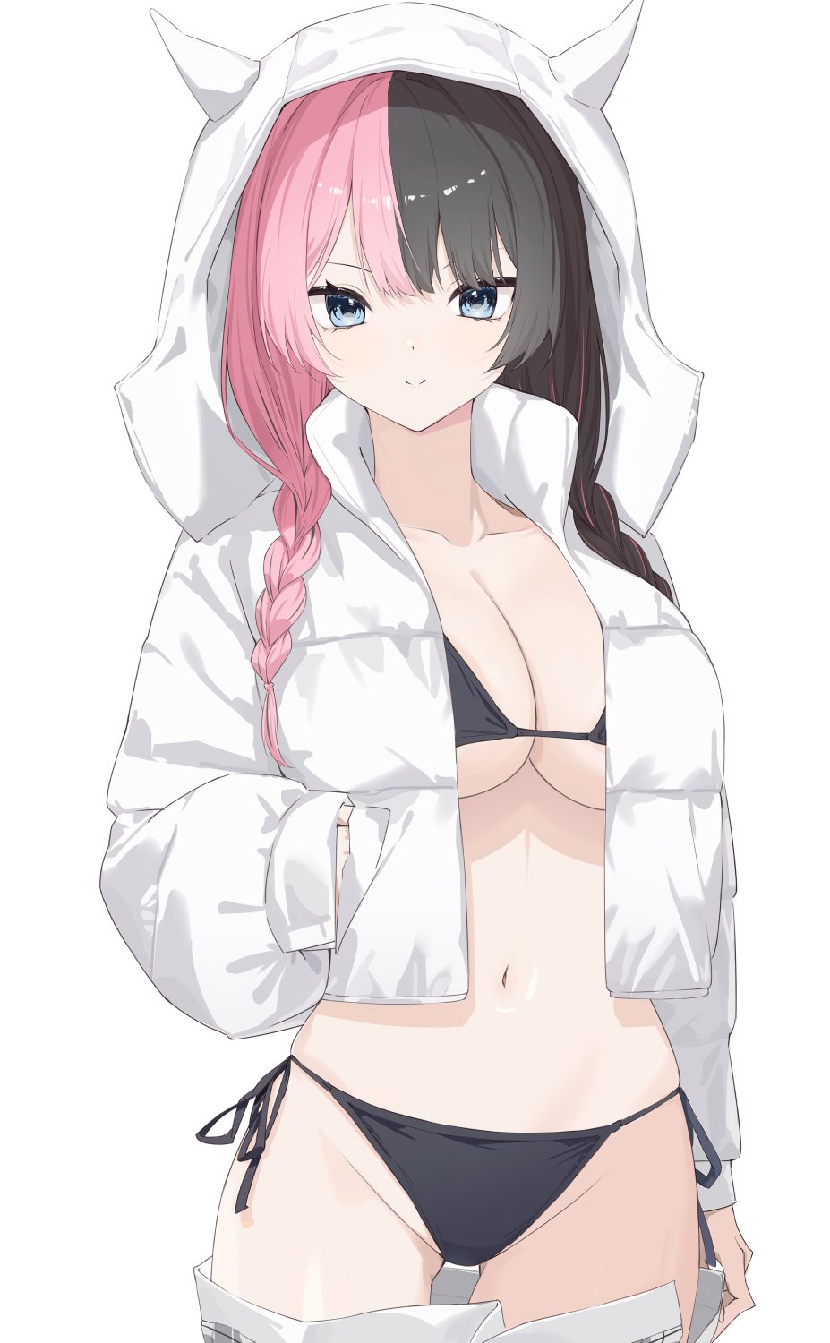 1girl alternate_costume bikini bikini_under_clothes black_bikini black_hair braid breasts closed_mouth clothes_pull collared_jacket cowboy_shot hair_over_shoulder hand_in_pocket high_collar highres hood hood_up hooded_jacket horned_hood horns jacket large_breasts looking_at_viewer micro_bikini multicolored_hair navel open_clothes open_jacket pink_hair side-tie_bikini_bottom simple_background sino_(oyasumi_hf) skirt skirt_pull smile solo split-color_hair streaked_hair string_bikini swimsuit tachibana_hinano twin_braids two-tone_hair underboob virtual_youtuber vspo! white_background white_jacket white_skirt