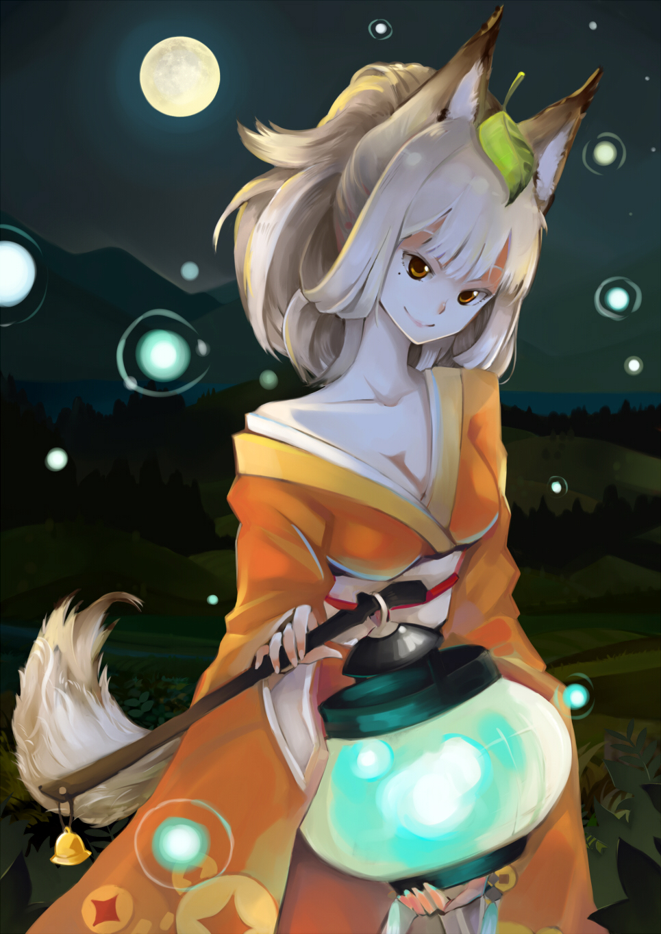 1girl animal_ears bare_shoulders breasts cleavage female_focus fox_ears fox_tail full_moon glowing hair_up hao_(patinnko) head_tilt highres japanese_clothes kimono kongiku lantern leaf leaf_on_head light_particles lips mole moon night night_sky object_on_head oboro_muramasa off_shoulder orange_eyes outdoors ponytail sky smile solo tail tsurime white_hair