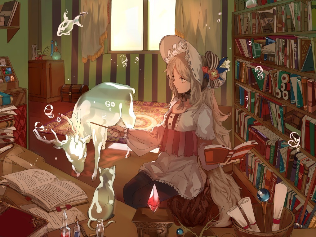 1girl blonde_hair book bookshelf bubble cat crystal day deer female_focus fish hat indoors magic magic_research open_book original ran_(bukeranwu) sitting solo table wand window