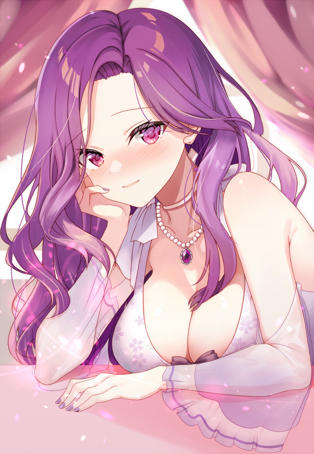 1girl blush breasts character_request cleavage closed_mouth commentary_request detached_sleeves hand_on_own_face head_rest highres indie_virtual_youtuber jewelry kakerayuri large_breasts light_smile looking_at_viewer necklace pearl_necklace purple_eyes purple_hair purple_nails see-through see-through_sleeves solo upper_body virtual_youtuber