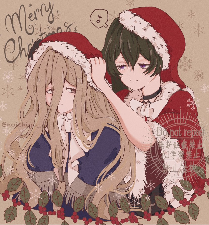 2girls artist_name black_choker bow brown_eyes brown_hair capelet choker christmas english_text green_hair hair_between_eyes hat holly leaf long_hair merry_christmas multiple_girls musical_note noichigo_f purple_eyes red_capelet red_hat santa_capelet santa_hat sense_(sousou_no_frieren) snowflakes sousou_no_frieren speech_bubble ubel_(sousou_no_frieren) white_bow