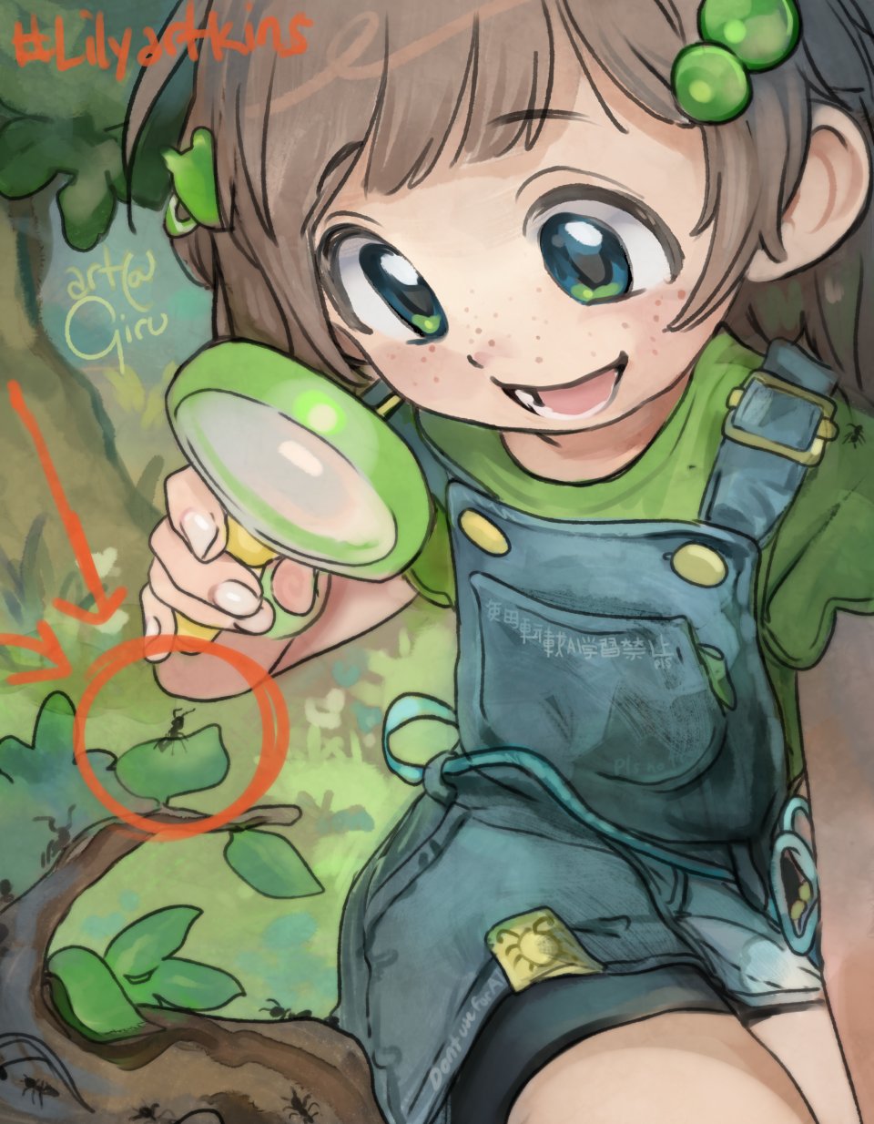 1girl ant arrow_(symbol) blue_overalls brown_hair bug child commentary english_commentary freckles frog_hair_ornament girutea green_eyes green_shirt hair_bobbles hair_ornament highres holding holding_magnifying_glass indie_virtual_youtuber insect lily_hopkins lower_teeth_only magnifying_glass open_mouth overalls shirt short_sleeves solo teeth virtual_youtuber