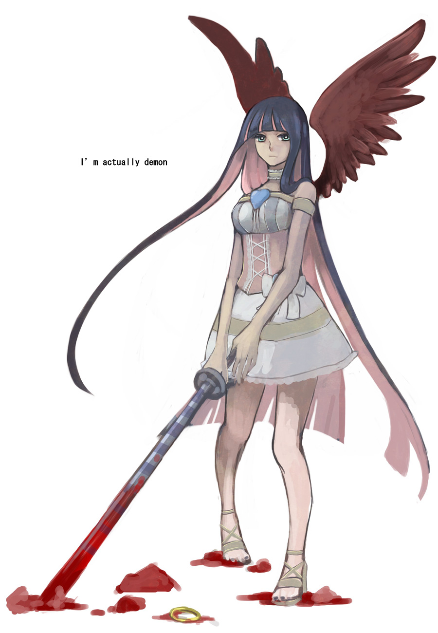 10s 1girl angel_wings blood blue_eyes colored_inner_hair dark_persona english_text engrish_text female_focus halo highres long_hair multicolored_hair panty_&amp;_stocking_with_garterbelt ranguage simple_background solo spoilers stocking_(psg) sword toyger two-tone_hair weapon white_background wings