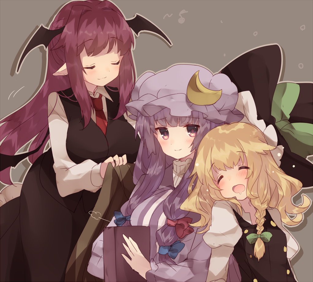 3girls :o bat_wings blanket blonde_hair blush book bow braid breasts closed_eyes covering_with_blanket crescent drooling grey_background hair_bow hair_ornament hat unworn_hat head_wings unworn_headwear kirisame_marisa koakuma large_breasts long_hair long_sleeves md5_mismatch mob_cap multiple_girls musical_note necktie open_mouth patchouli_knowledge pointy_ears puffy_sleeves purple_eyes purple_hair quaver red_hair resized resolution_mismatch shirt side_braid single_braid skirt skirt_set sleeveless smile source_larger touhou upper_body usamata vest wings