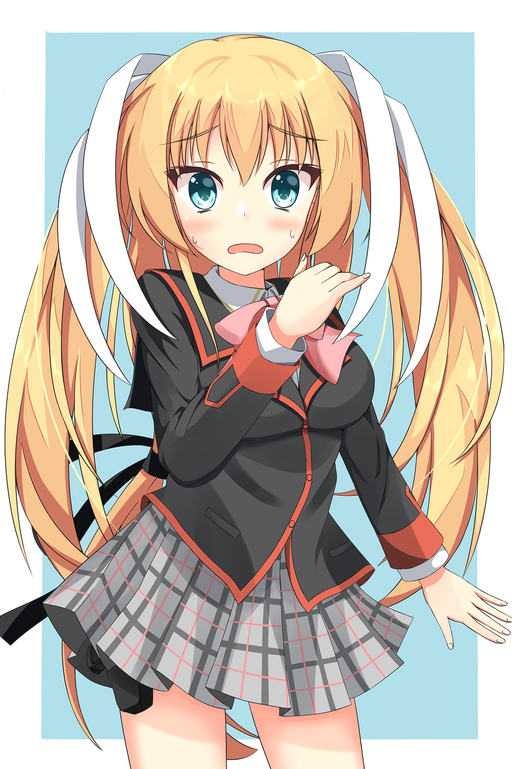 1girl aqua_eyes black_jacket blonde_hair blue_background blush border bow breasts commentary cowboy_shot frown grey_skirt hair_between_eyes hair_ribbon hand_up highres jacket large_breasts little_busters! little_busters!_school_uniform long_hair long_sleeves looking_at_viewer miniskirt open_mouth outside_border pink_bow plaid_clothes plaid_skirt pleated_skirt raised_eyebrows ribbon school_uniform simple_background skirt solo sweatdrop tokido_saya tsurime two_side_up very_long_hair white_border white_ribbon wistar1as