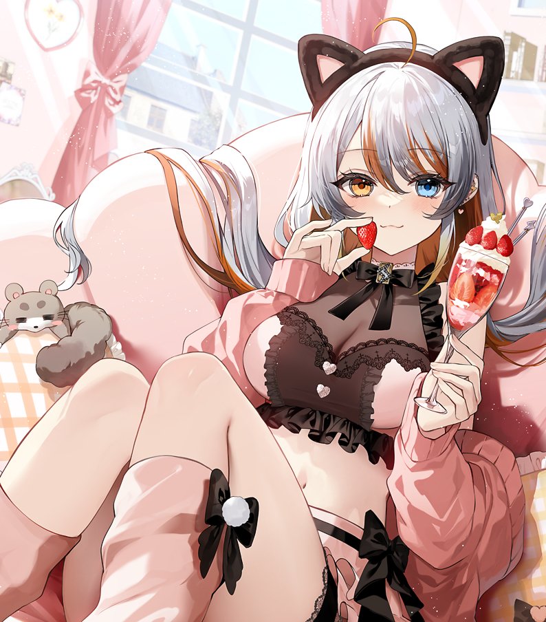 1girl :3 ahoge animal animal_ears black_bow blue_eyes book bow breasts closed_mouth couch crop_top curtains erai_amae fake_animal_ears food fruit grey_hair heterochromia holding jacket kneehighs kuga_huna large_breasts looking_at_viewer multicolored_hair navel off_shoulder open_clothes open_jacket orange_hair parfait pink_jacket socks solo stomach strawberry strawberry_parfait two-tone_hair vee_(vtuber) virtual_youtuber window yellow_eyes