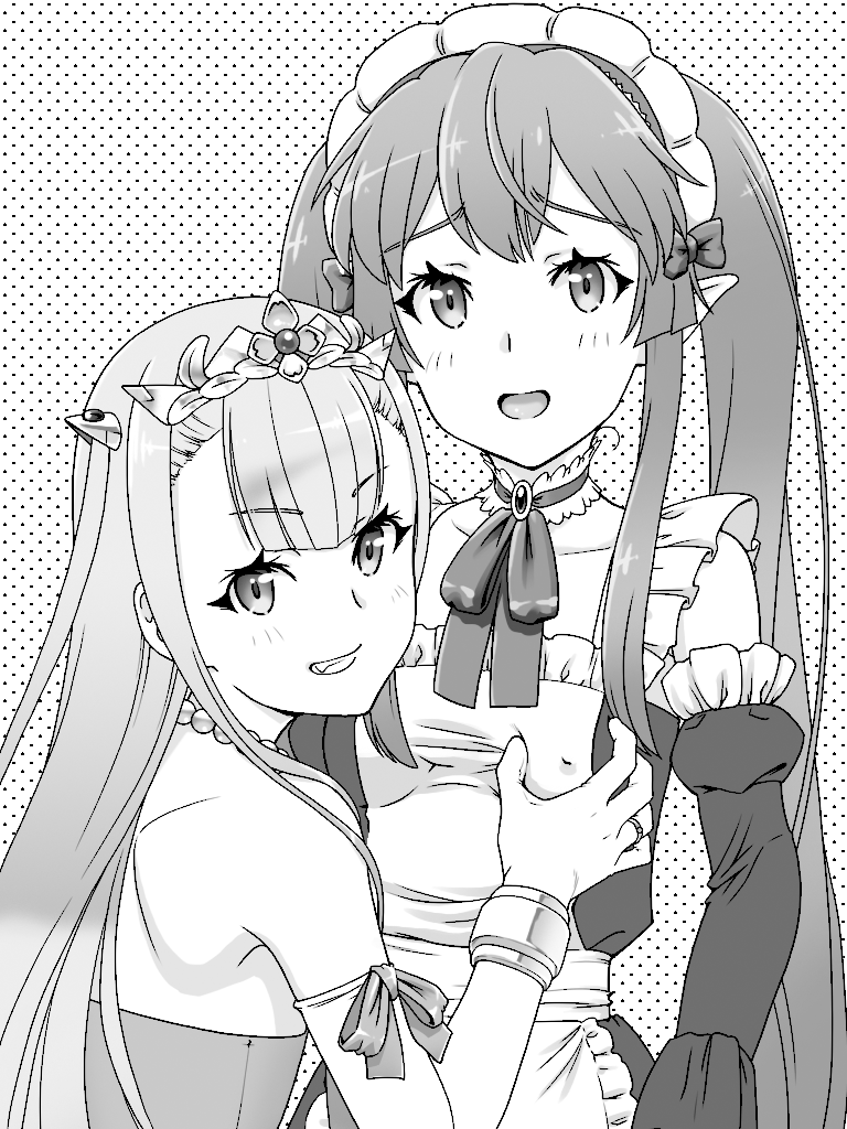 10s 2girls apron blush elbow_gloves elf fuji_shinobu gloves grabbing_another&#039;s_breast greyscale groping long_hair looking_at_viewer maid maid_apron maid_headdress monochrome multiple_girls myucel_foalan outbreak_company petralka_anne_eldant_iii pointy_ears smile tiara twintails