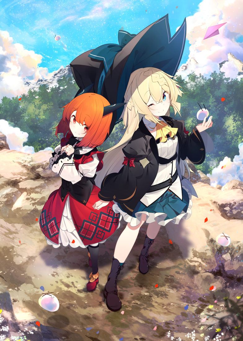 2girls ;) aizawa_azusa ascot benio_(dontsugel) black_footwear blonde_hair blouse blue_eyes blue_skirt blush braid day dress french_braid frilled_sleeves frills full_body hat horns juliet_sleeves laika_(slime_taoshite_300_nen) long_sleeves looking_at_viewer multiple_girls novel_illustration official_art one_eye_closed orange_hair paper_airplane petals puffy_sleeves red_dress red_eyes shirt skirt slime_(creature) slime_taoshite_300_nen_shiranai_uchi_ni_level_max_ni_nattemashita smile standing white_shirt wide_sleeves witch_hat |_|