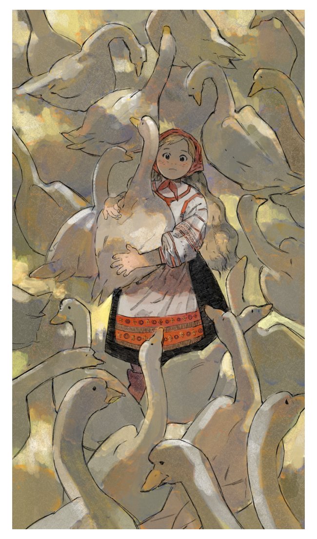 1girl animal bird blonde_hair blush boots brown_footwear dress expressionless goose holding holding_animal holding_bird long_hair long_sleeves looking_at_viewer ma9donarudo original shadow solo white_bird wide_shot