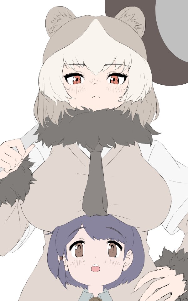 2girls :&lt; animal_ears bear_ears bear_girl black_hair brown_eyes brown_fur brown_necktie brown_vest captain_(kemono_friends) fur_collar fur_trim grey_hair grey_shirt grizzly_bear_(kemono_friends) hair_between_eyes hand_on_own_hip height_difference kemono_friends light_brown_hair long_sleeves multicolored_hair multiple_girls necktie open_mouth orange_eyes paw_stick shirt short_hair short_sleeves sidelocks t-shirt tayuura_(kuwo) two-tone_hair vest