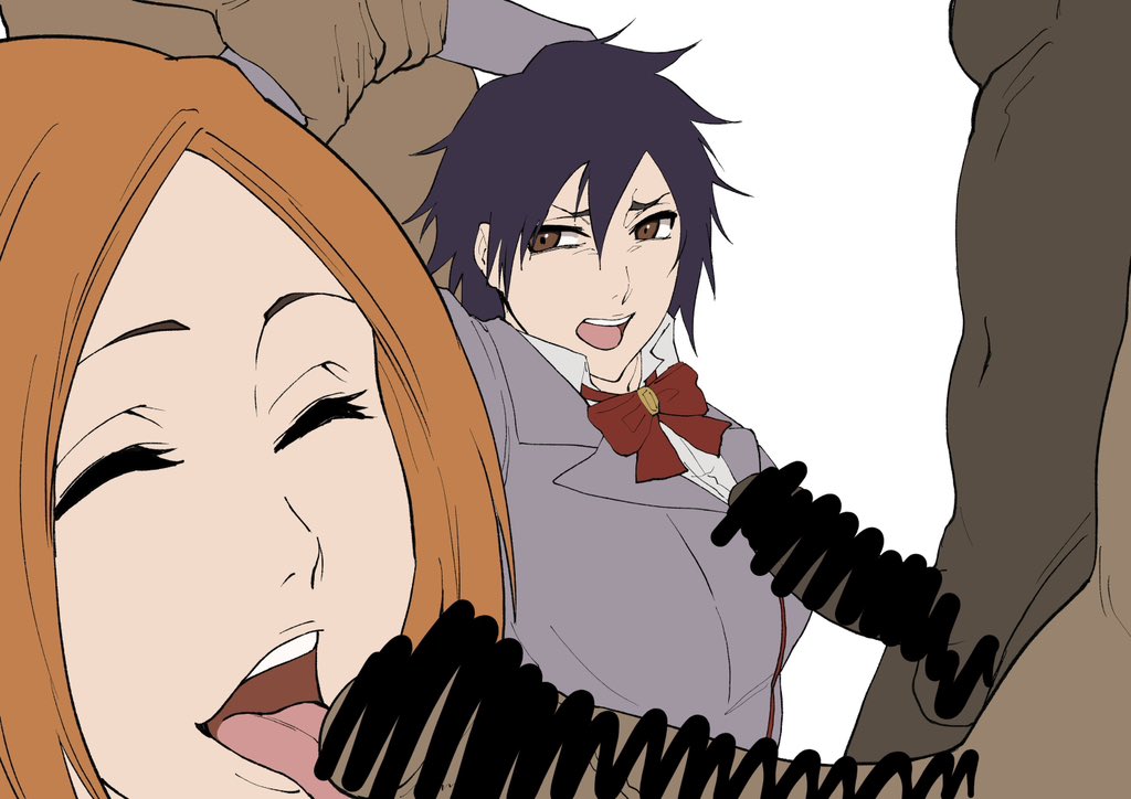 2girls 4boys arisawa_tatsuki black_hair bleach breasts brown_eyes censored closed_eyes dark-skinned_male dark_penis dark_skin fellatio inoue_orihime interracial iwao178 large_breasts long_hair multiple_boys multiple_girls open_mouth oral orange_hair penis purple_hair restrained tongue tongue_out white_background