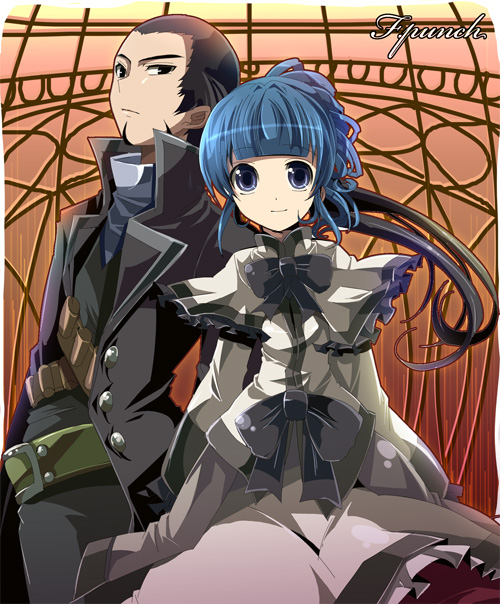 1boy 1girl alfa_system ange_serena beard belt black_eyes black_hair blue_eyes blue_hair bow brown_background coat curly_hair dress facial_hair fruit_punch long_hair ponytail ribbon ricardo_soldato shawl short_hair smile tales_of_(series) tales_of_innocence waist_bow