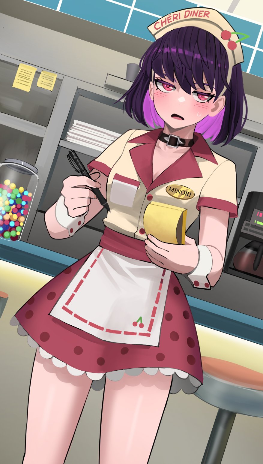 1girl blush breasts coffee_pot collar commentary english_commentary hair_between_eyes highres indoors jourd4n medium_breasts miniskirt minori_yume_(jourd4n) open_mouth original pen pink_eyes purple_hair short_hair short_sleeves skirt solo sweatdrop tongue waitress wrist_cuffs