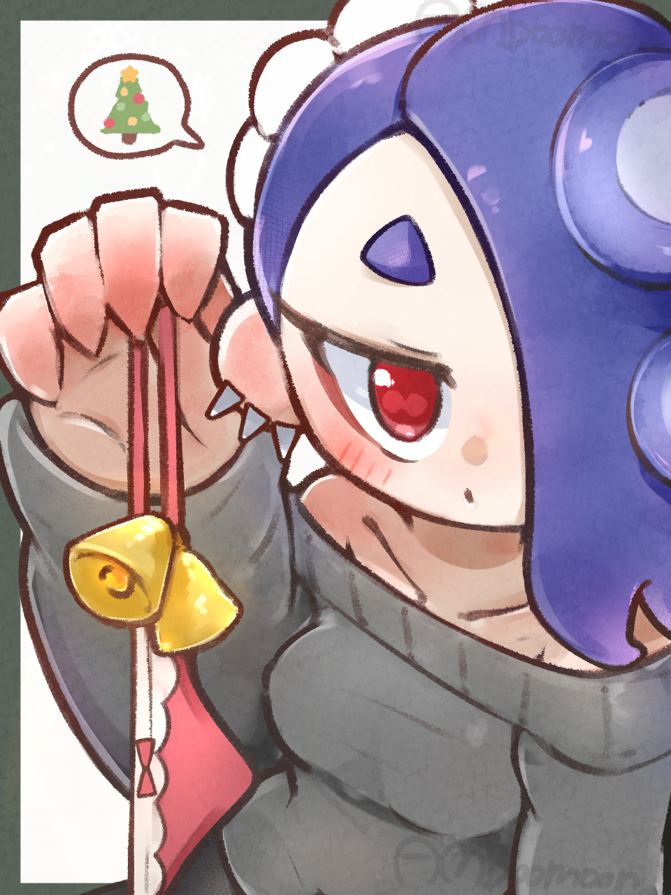 1girl amboomoon bell bell_panties blue_hair blush border bow bow_panties collarbone ear_piercing grey_border hair_over_one_eye holding holding_panties holding_underwear holding_unworn_clothes looking_at_viewer nintendo octoling panties piercing red_eyes shiver_(splatoon) solo speech_bubble splatoon_(series) splatoon_3 sweater tentacle_hair underwear unworn_panties upper_body white_background