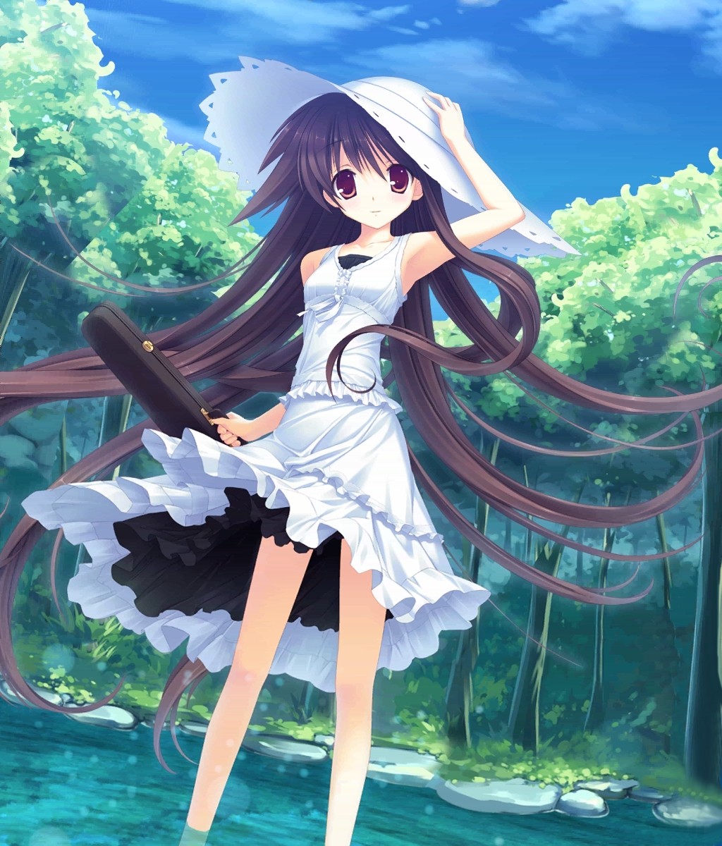 1girl arm_up armpits bare_legs bare_shoulders blush brown_eyes brown_hair case day dress dutch_angle female_focus forest frills grass hat highres himukai_kyousuke holding leaf long_hair looking_at_viewer nature outdoors owari_naki_natsu_towa_naru_shirabe plant red_eyes sleeveless smile solo standing stone sun_hat sundress takanashi_mio tree very_long_hair wading water white_dress