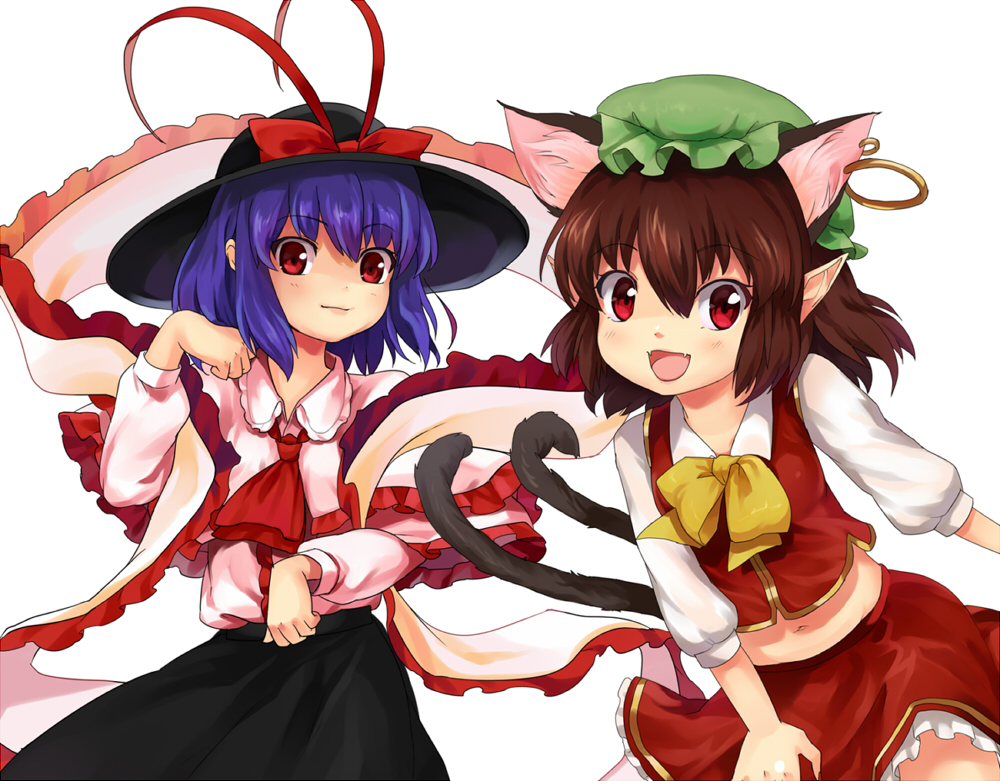 2girls animal_ears ascot bad_id bad_pixiv_id bow brown_hair capelet cat_ears cat_girl cat_tail chen ear_piercing earrings extra_ears fangs female_focus hakiata hat hat_ribbon jewelry looking_at_viewer midriff multiple_girls multiple_tails nagae_iku navel nekomata open_mouth paw_pose piercing pointy_ears purple_hair red_eyes ribbon shawl shirt short_hair skirt skirt_set smile tail touhou vest