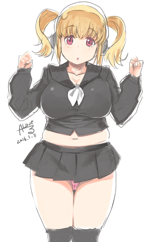 1girl :o belly black_jacket black_skirt blonde_hair breasts bursting_belly cleavage cleft_of_venus female_focus headphones jacket large_breasts looking_at_viewer midriff_peek navel nitroplus plump red_eyes skirt solo standing super_pochaco thighhighs thighs twintails undersized_clothes