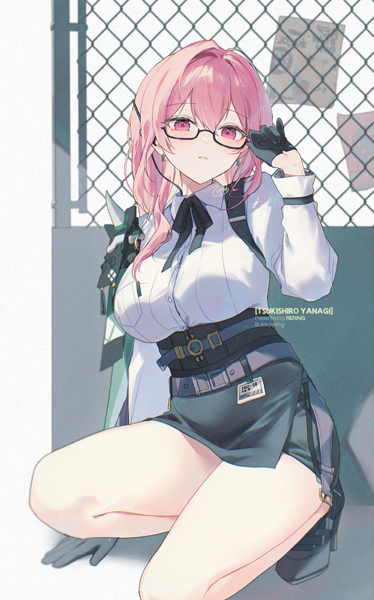 1girl arm_support artist_name black-framed_eyewear black_footwear black_gloves black_skirt breasts chain-link_fence character_name commentary_request earrings fence full_body glasses gloves hair_between_eyes half_gloves high-waist_skirt highres jewelry long_hair long_sleeves looking_at_viewer medium_breasts parted_lips pencil_skirt pink_eyes pink_hair puffy_long_sleeves puffy_sleeves semi-rimless_eyewear shirt shoes sidelocks signature silltare skirt solo squatting tsukishiro_yanagi under-rim_eyewear white_shirt zenless_zone_zero