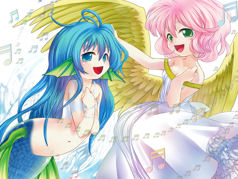 2girls :d aldiana blue_eyes blue_hair dress frills green_eyes harpy_(puyopuyo) jewelry long_hair madou_monogatari mermaid monster_girl multiple_girls musical_note necklace open_mouth oyuki_(otozuki_mozuku) pearl_necklace pink_hair puyopuyo serilly_(puyopuyo) serilly_(puyopuyo) short_hair smile white_background white_dress wings