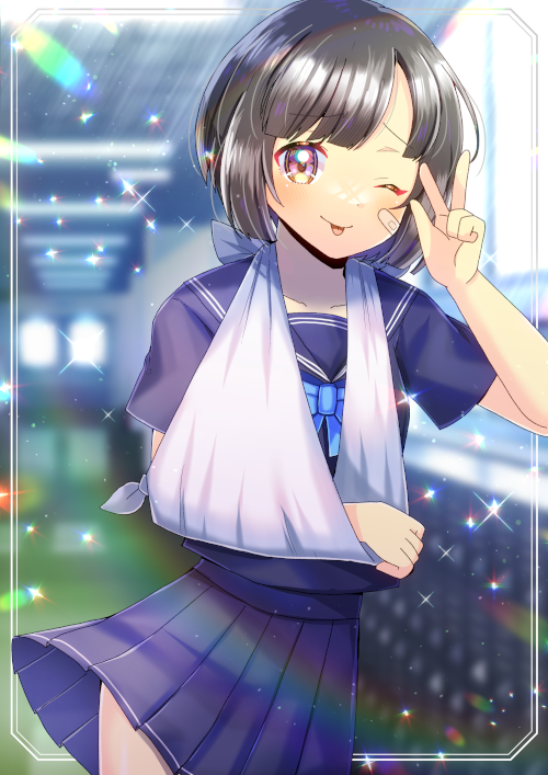 1girl ;p arm_sling bandaid bandaid_on_cheek bandaid_on_face black_hair blue_bow blue_sailor_collar blue_serafuku blue_shirt blue_skirt blurry blurry_background blush bow brown_eyes commentary_request commission day depth_of_field hand_up indoors kou_hiyoyo looking_at_viewer one_eye_closed original pleated_skirt sailor_collar school_uniform serafuku shirt short_sleeves skeb_commission skirt solo sunlight tongue tongue_out w window