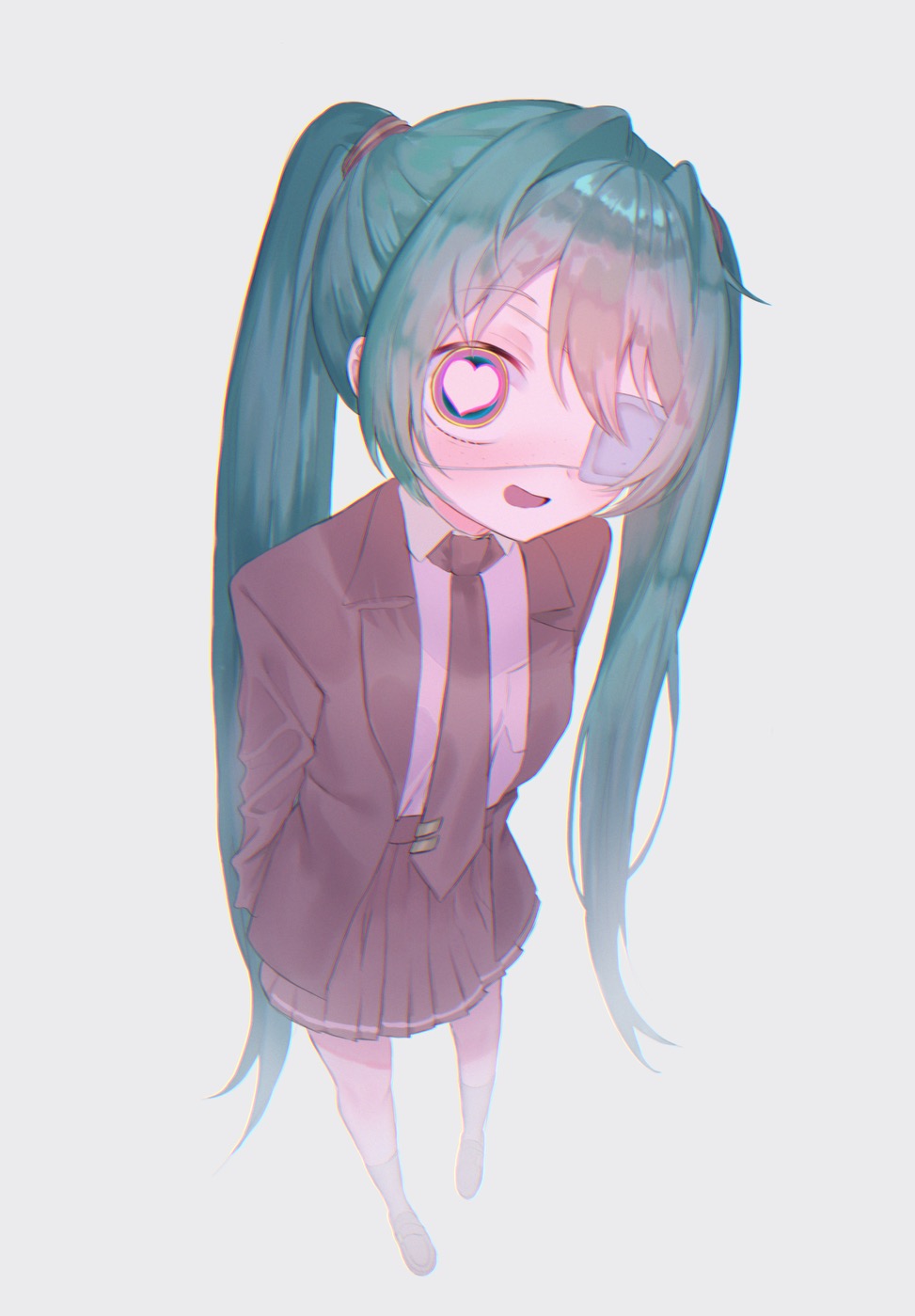 1girl aqua_hair arms_behind_back black_jacket black_necktie black_skirt collared_shirt eyepatch full_body hair_between_eyes hair_intakes hatsune_miku heart heart-shaped_pupils highres jacket kalle long_hair long_sleeves looking_at_viewer medical_eyepatch monitoring_(vocaloid) necktie open_clothes open_jacket open_mouth pleated_skirt shirt shirt_tucked_in simple_background skirt solo standing symbol-shaped_pupils tie_clip twintails very_long_hair vocaloid white_background white_shirt