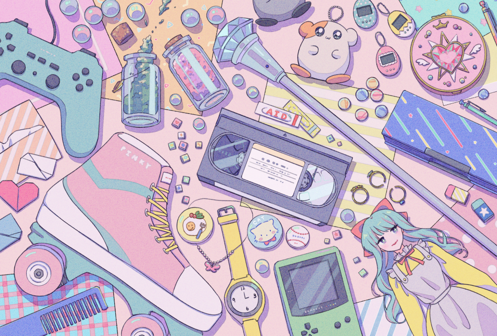 bottle charm_(object) comb commentary controller cork english_commentary figure game_boy game_boy_(original) game_controller handheld_game_console heisei jewelry necklace nintendo no_humans object_focus original pastel_colors roller_skates sayuri_(mucha-muha) skates tamagotchi tamagotchi_(classic) tamagotchi_(virtual_pet) videocassette watch wristwatch