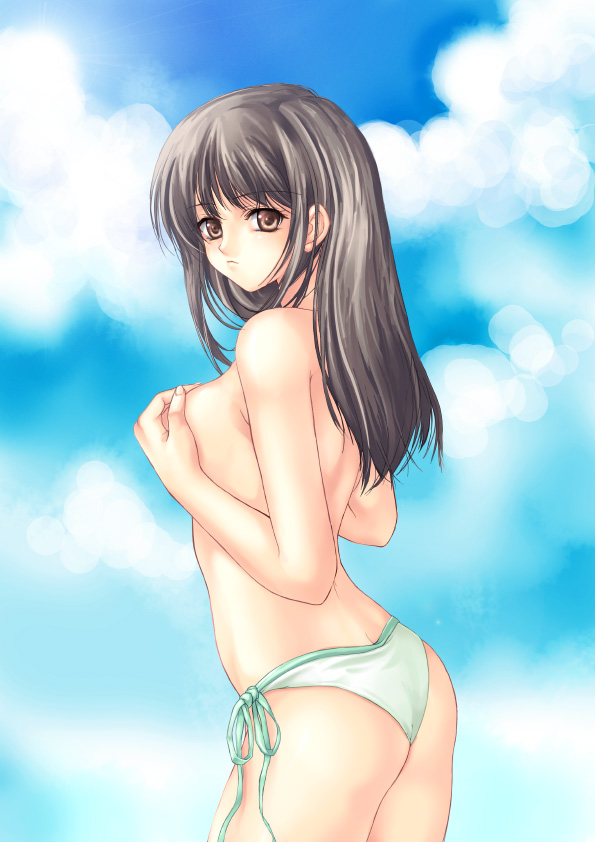 1girl ass bad_id bad_pixiv_id bikini black_hair breasts brown_eyes covering_privates covering_breasts female_focus fukase_ayaka fukaseayaka long_hair looking_back original outdoors sky solo swimsuit topfreedom topless