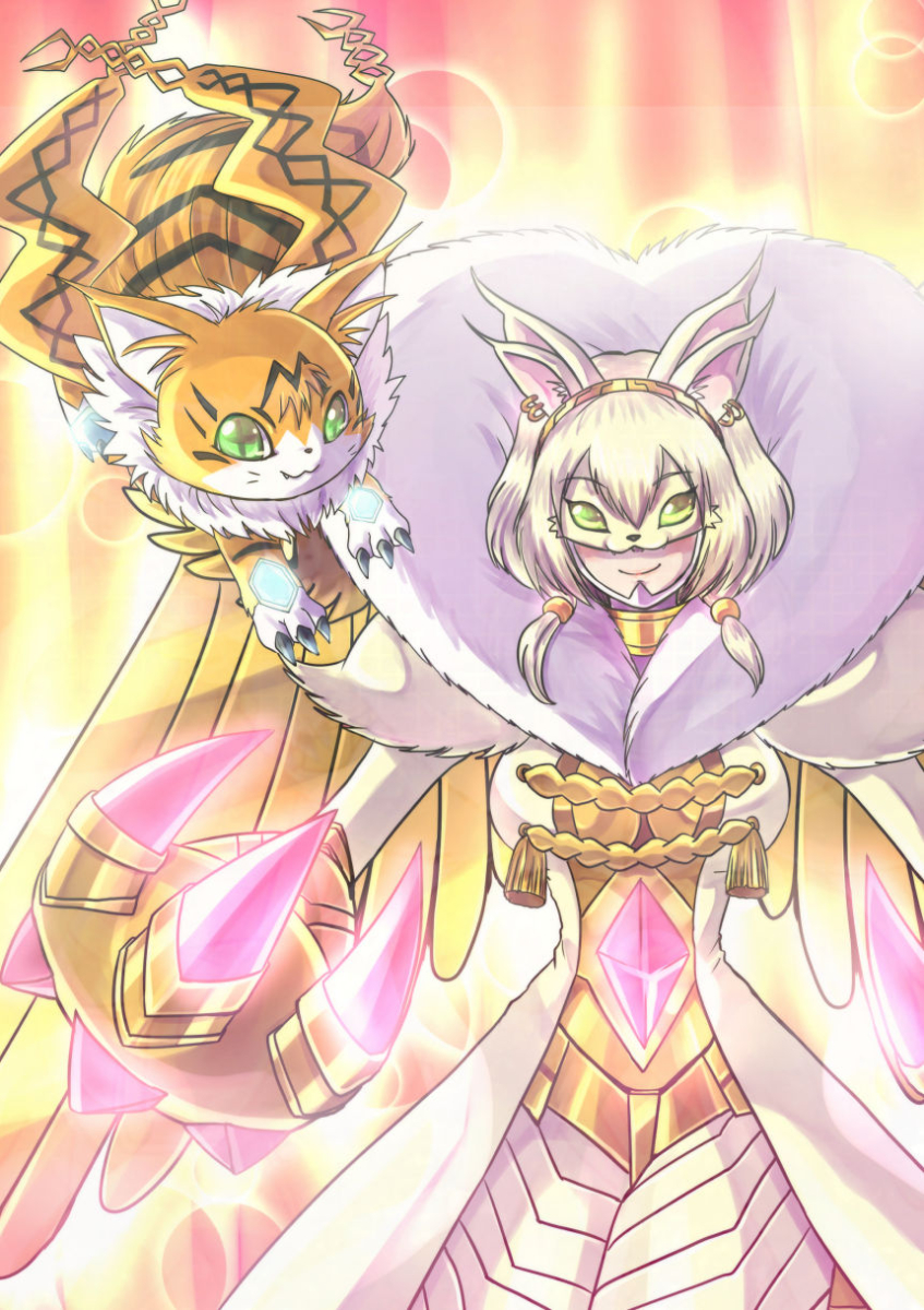 +_+ 1girl :3 animal_ear_fluff animal_ears blonde_hair bob_cut breasts cat_ears choker claws commentary_request cowboy_shot digimon digimon_(creature) earrings extra_ears fang fang_out fur fur_trim gem glowing green_eyes hair_between_eyes hair_ribbon highres holy_ring jewelry konna-nani large_breasts light_particles light_rays looking_at_another looking_at_viewer low_twintails mask meicoomon multicolored_background oversized_limbs rasielmon ribbon size_difference smile sunbeam sunlight twintails white_fur wings